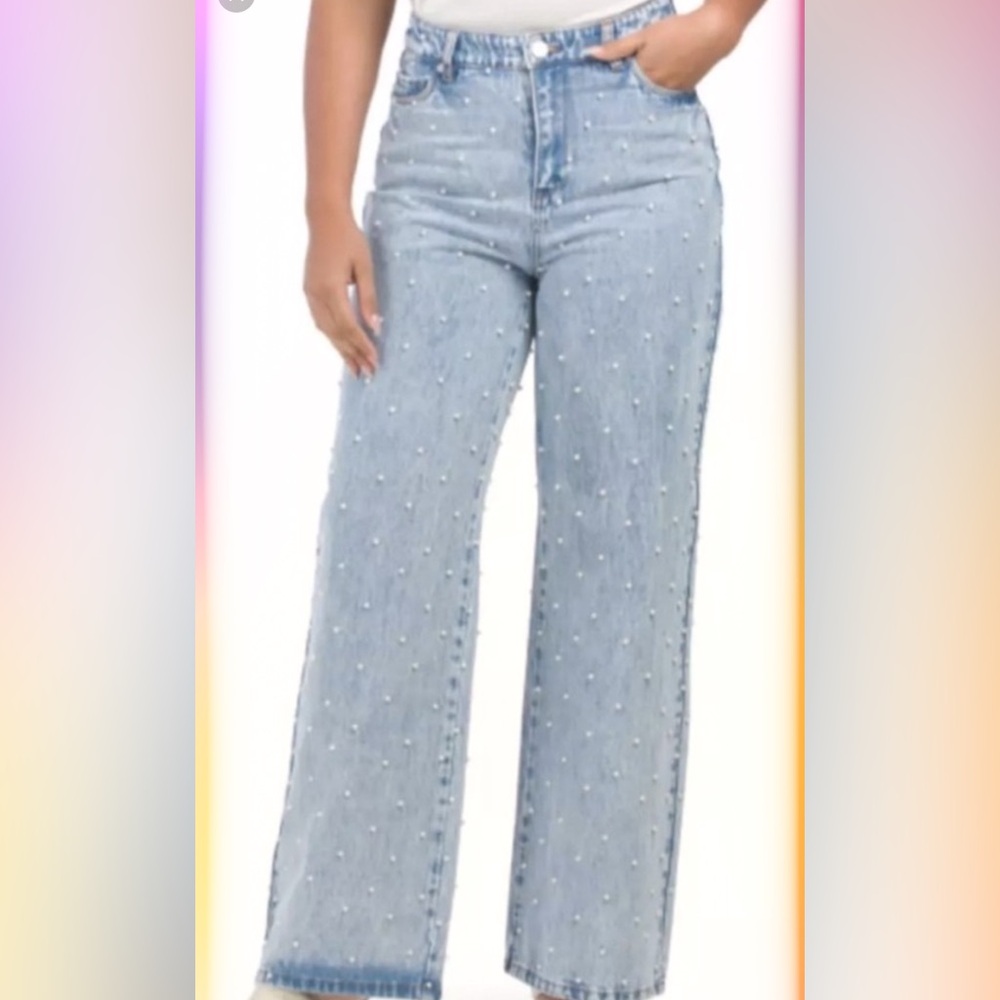 Blank NYC Light Blue Straight Leg Jeans with White Pearls - Franklin
